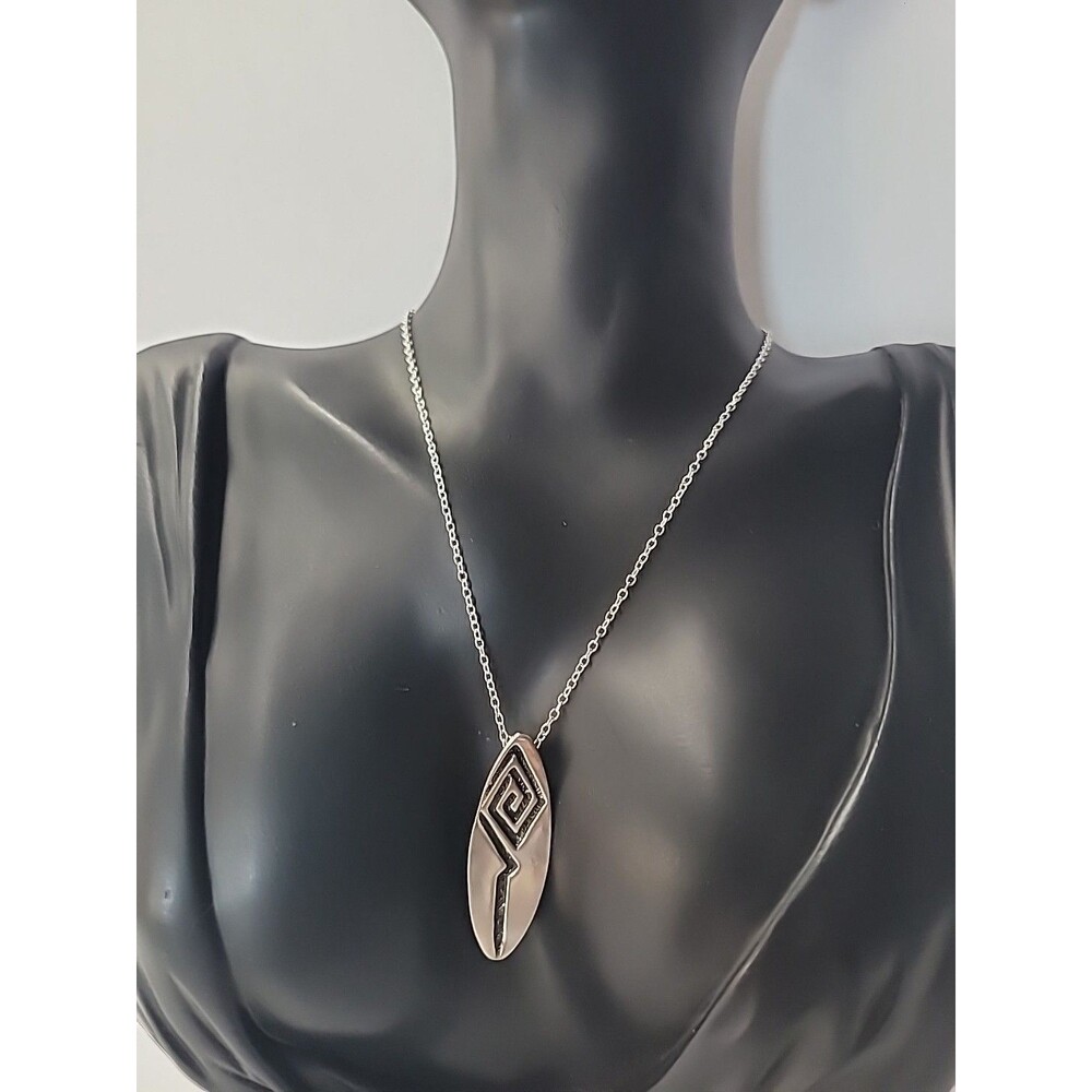 Vintage‎ Silver Tone Geometric Pendant Necklace Black Enamel Greek Key Jewelry